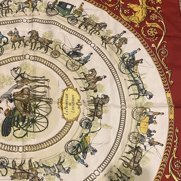 HERMES Scarf "La Promenade De Longchamps"Silk Maroon - Picture 3 of 3